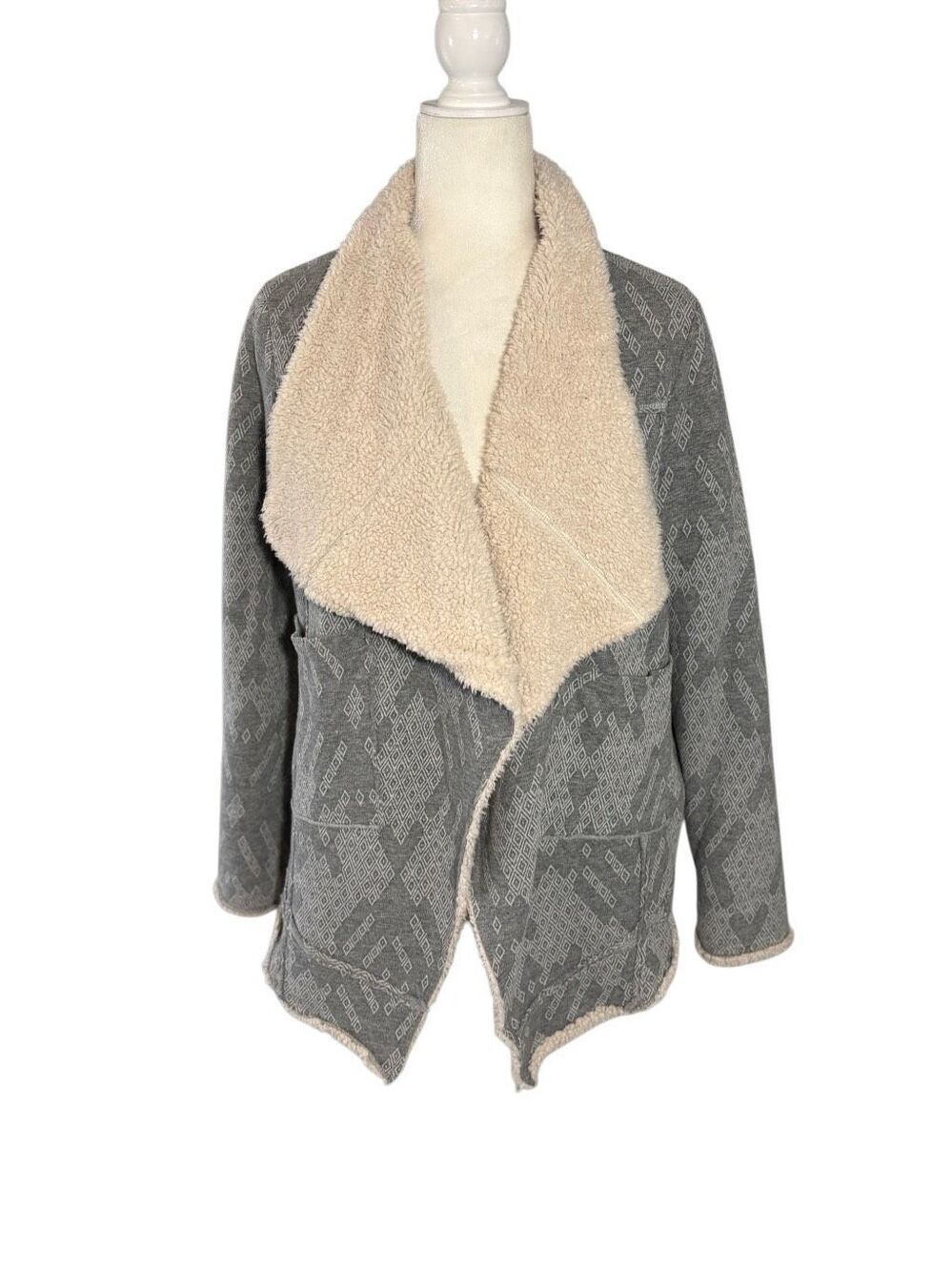 Cavalini Originals Sherpa lined gray patterned large lapel open jacket - S
